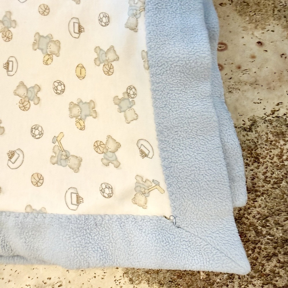 VTG 70s Handmade Sporty Bears Fleece & Stretch Cotton Baby Boy Blanket 60x36"